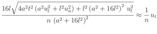 $\displaystyle \frac{16 l \sqrt{4 a^2 t^2 \left(a^2 u_l^2+l^2 u_a^2\right)+l^2
\...
... l^2\right)^2\,u_t^2}}{n\,\left(a^2+16 l^2\right)^2}
\approx \frac{1}{n}\,u_{t}$